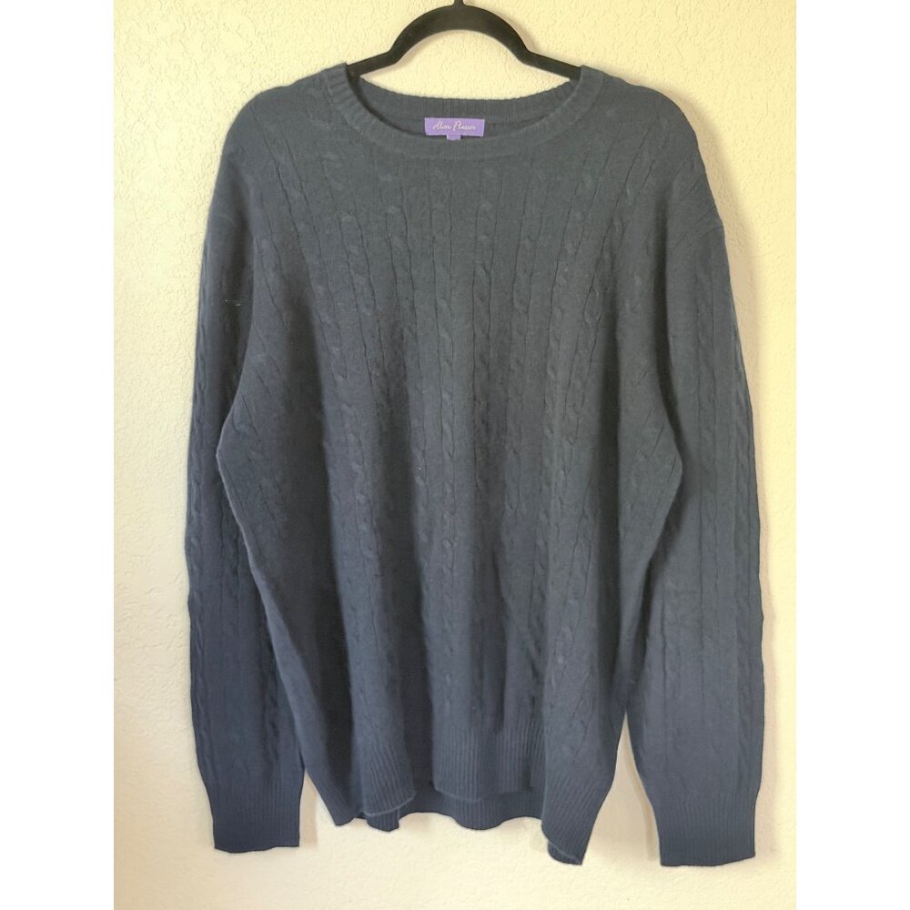 Alan‎ Flusser Wool Blend Cable Knit Sweater Mens XL Navy Blue Preppy